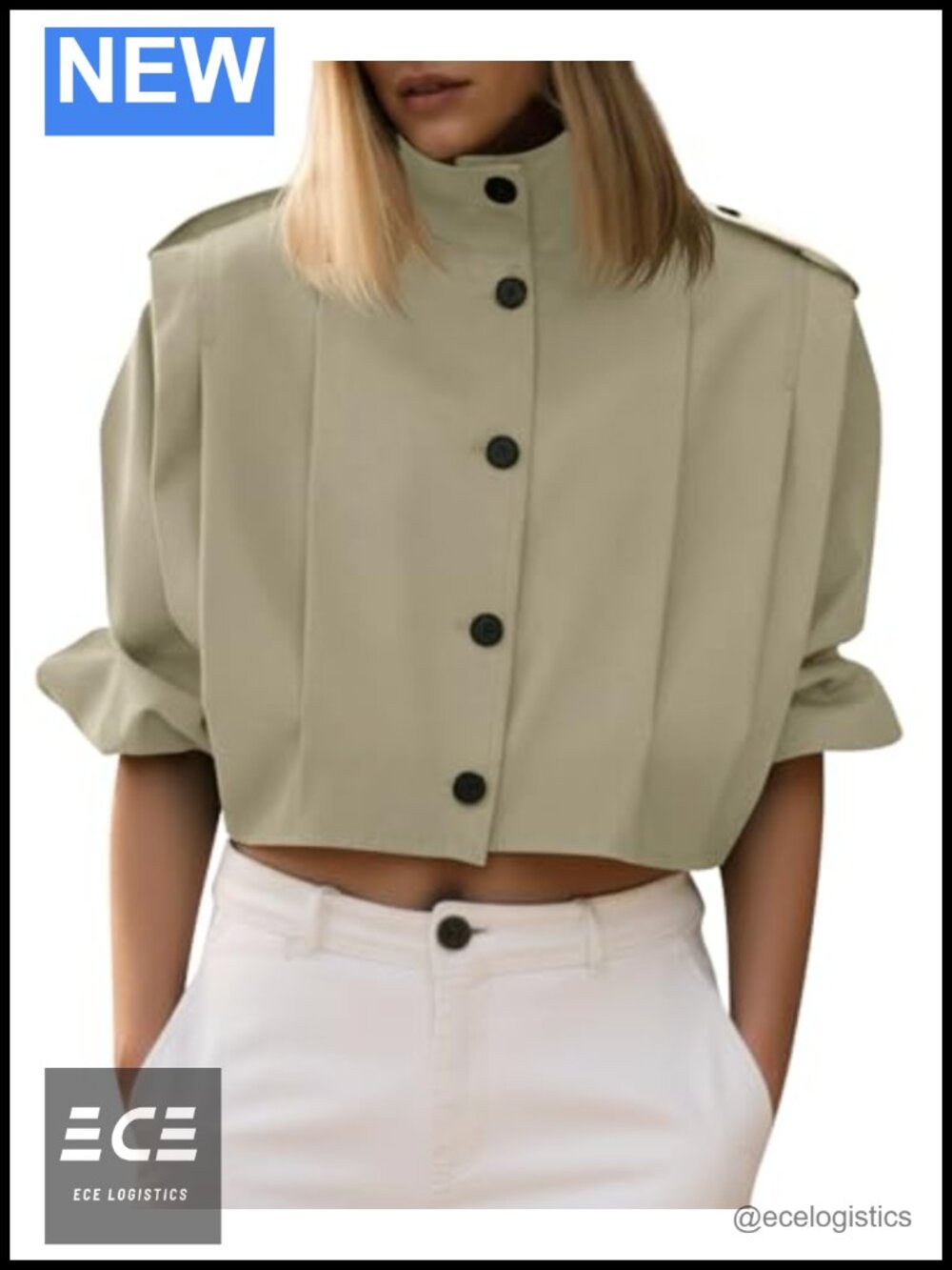 Cropped Trench Coat Pleated Button Down Loose Fit Women's Jacket